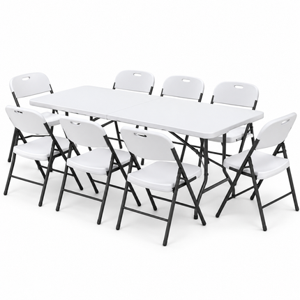 Gardeon 9PCS Outdoor Dining Set 180CM Folding Table and Chairs Patio Furniture White