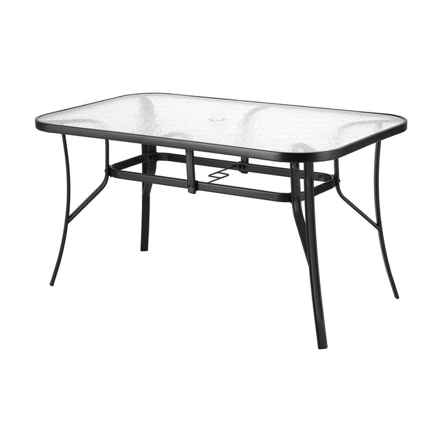 Gardeon 140CM Outdoor Dining Table Steel Frame Tempered Glass Parasol Hole Black.