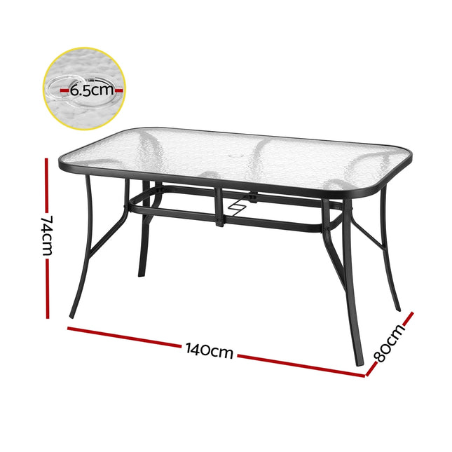 Gardeon 140CM Outdoor Dining Table Steel Frame Tempered Glass Parasol Hole Black.