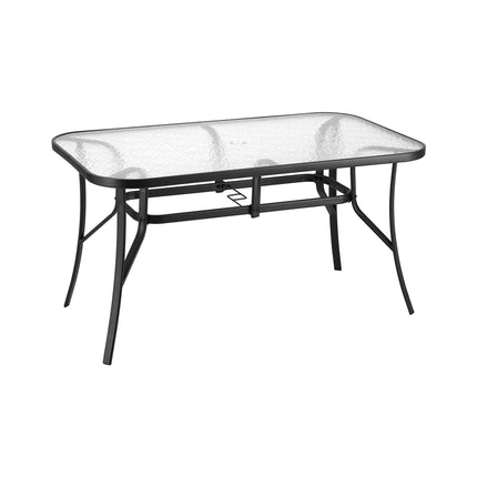 Gardeon 140CM Outdoor Dining Table Steel Frame Tempered Glass Parasol Hole Black.