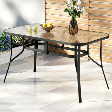 Gardeon 140CM Outdoor Dining Table Steel Frame Tempered Glass Parasol Hole Black.
