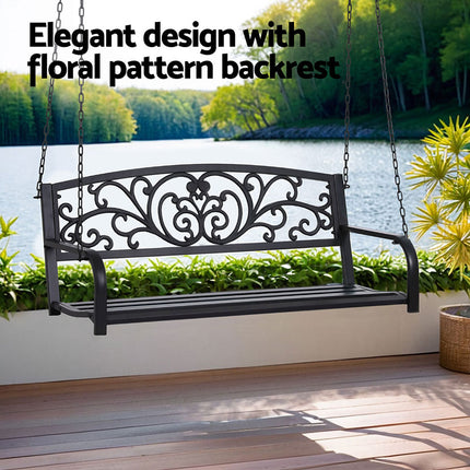 Gardeon Outdoor Porch Swing Chair Patio Furniture Floral Backrest 2 Seater Black.