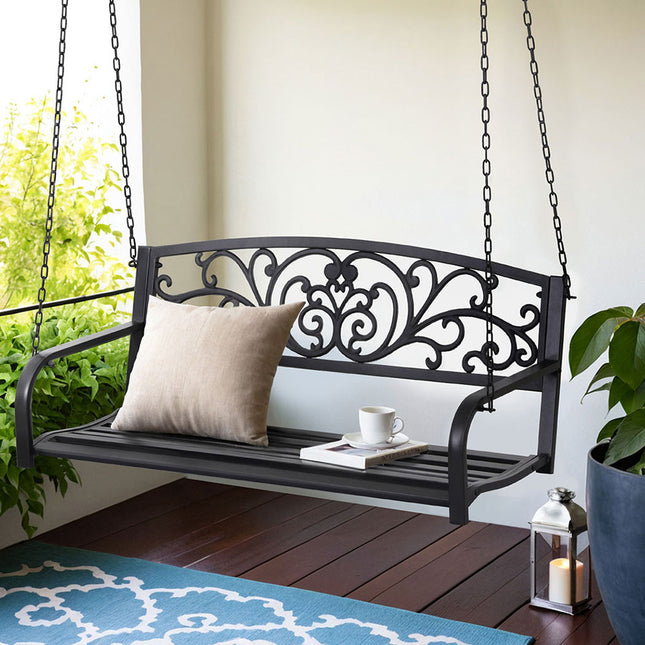 Gardeon Outdoor Porch Swing Chair Patio Furniture Floral Backrest 2 Seater Black.