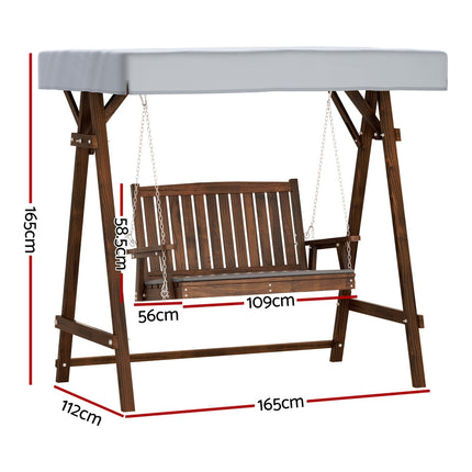 Gardeon Outdoor Wooden Swing Chair Garden Bench Canopy Cushion 2 Seater Charcoal.
