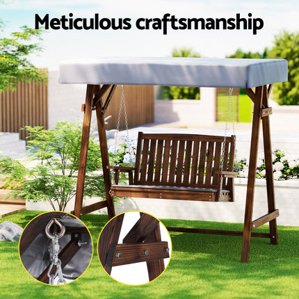 Gardeon Outdoor Wooden Swing Chair Garden Bench Canopy Cushion 2 Seater Charcoal.