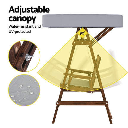 Gardeon Outdoor Wooden Swing Chair Garden Bench Canopy Cushion 2 Seater Charcoal.