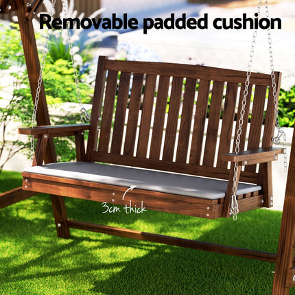 Gardeon Outdoor Wooden Swing Chair Garden Bench Canopy Cushion 2 Seater Charcoal.