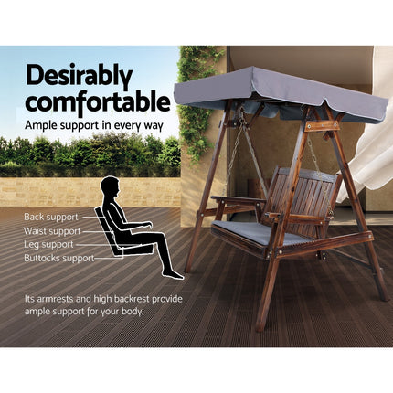 Gardeon Outdoor Wooden Swing Chair Garden Bench Canopy Cushion 2 Seater Charcoal.