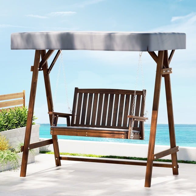 Gardeon Outdoor Wooden Swing Chair Garden Bench Canopy Cushion 2 Seater Charcoal.
