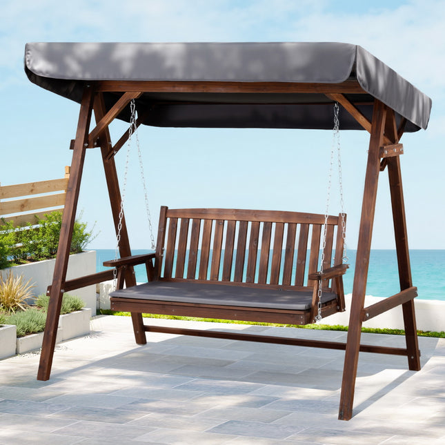 Gardeon Wooden Swing Chair Garden Bench Canopy 3 Seater Outdoor Furniture.