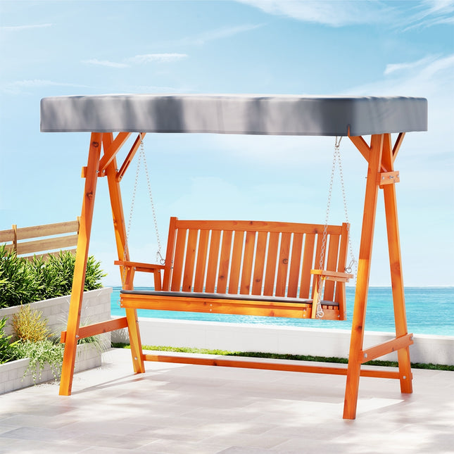 Gardeon Outdoor Wooden Swing Chair Garden Bench Canopy Cushion 3 Seater Teak.