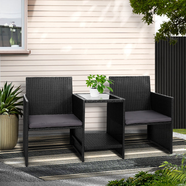 Gardeon Outdoor Setting Wicker Loveseat Birstro Set Patio Garden Furniture Black.
