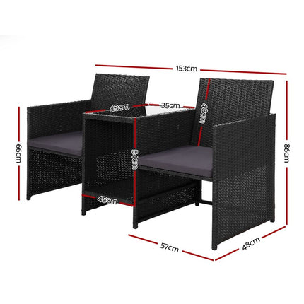 Gardeon Outdoor Setting Wicker Loveseat Birstro Set Patio Garden Furniture Black.