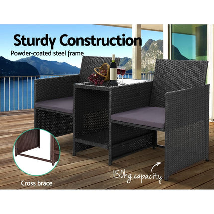 Gardeon Outdoor Setting Wicker Loveseat Birstro Set Patio Garden Furniture Black.
