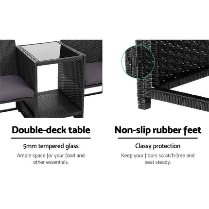 Gardeon Outdoor Setting Wicker Loveseat Birstro Set Patio Garden Furniture Black.