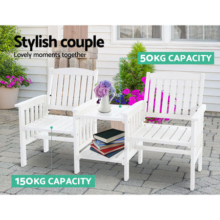 Gardeon Outdoor Garden Bench Loveseat Wooden Table Chairs Patio Furniture White.