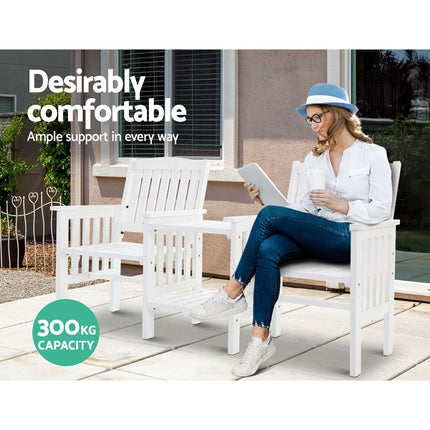 Gardeon Outdoor Garden Bench Loveseat Wooden Table Chairs Patio Furniture White.
