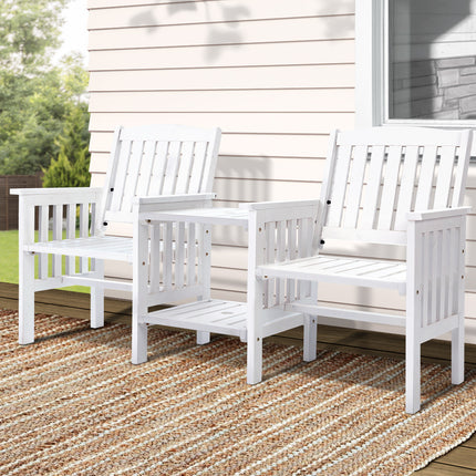 Gardeon Outdoor Garden Bench Loveseat Wooden Table Chairs Patio Furniture White.