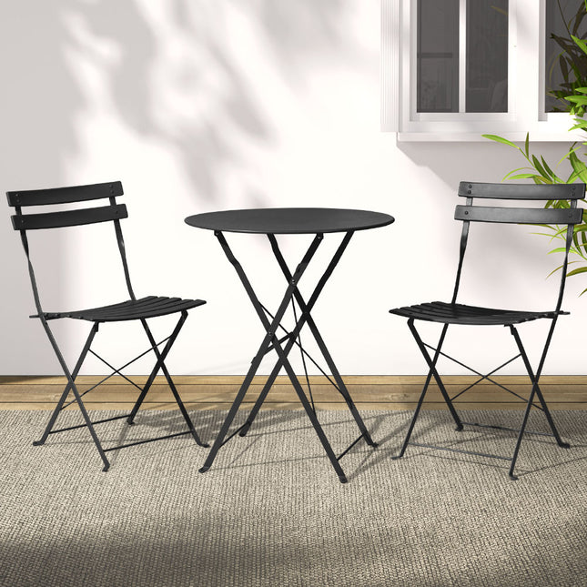 Gardeon 3PC Outdoor Bistro Set Steel Table and Chairs Patio Furniture Black.