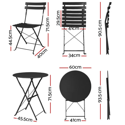 Gardeon 3PC Outdoor Bistro Set Steel Table and Chairs Patio Furniture Black.