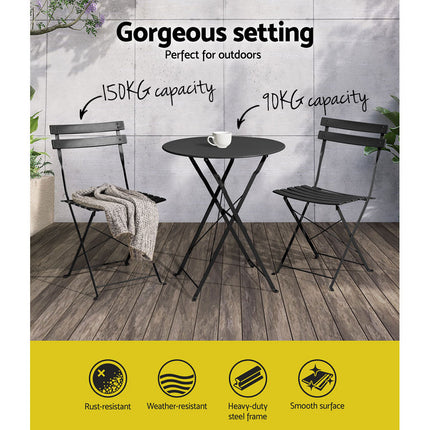 Gardeon 3PC Outdoor Bistro Set Steel Table and Chairs Patio Furniture Black.