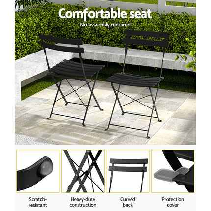 Gardeon 3PC Outdoor Bistro Set Steel Table and Chairs Patio Furniture Black.
