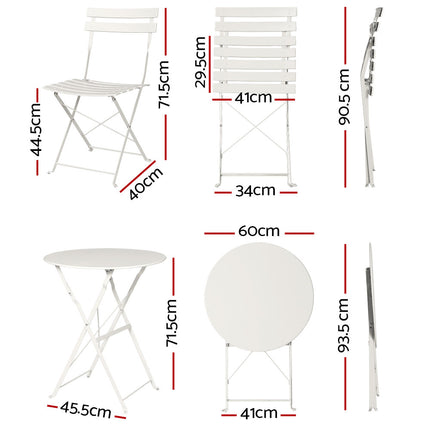 Gardeon 3PC Outdoor Bistro Set Steel Table and Chairs Patio Furniture White.