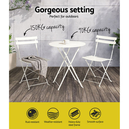 Gardeon 3PC Outdoor Bistro Set Steel Table and Chairs Patio Furniture White.