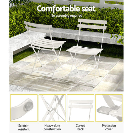 Gardeon 3PC Outdoor Bistro Set Steel Table and Chairs Patio Furniture White.
