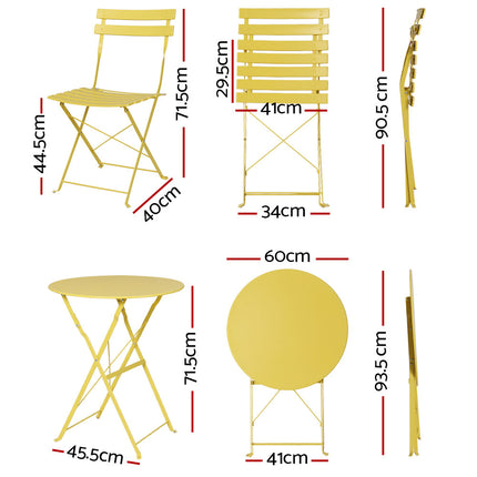 Gardeon 3PC Outdoor Bistro Set Steel Table and Chairs Patio Furniture Yellow.