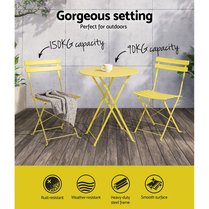 Gardeon 3PC Outdoor Bistro Set Steel Table and Chairs Patio Furniture Yellow.