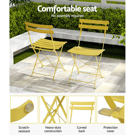 Gardeon 3PC Outdoor Bistro Set Steel Table and Chairs Patio Furniture Yellow.
