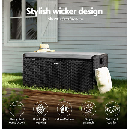 Gardeon Outdoor Storage Bench Box Wicker Garden Sheds Tools Cushion Patio Furniture Black.