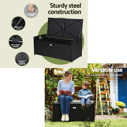 Gardeon Outdoor Storage Bench Box Wicker Garden Sheds Tools Cushion Patio Furniture Black.