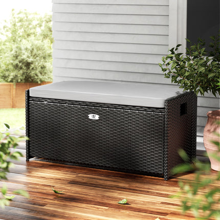 Gardeon Outdoor Storage Bench Box Wicker Garden Sheds Tools Cushion Patio Furniture Black.