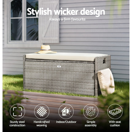Gardeon Outdoor Storage Bench Box Wicker Garden Sheds Tools Cushion Patio Furniture Grey.