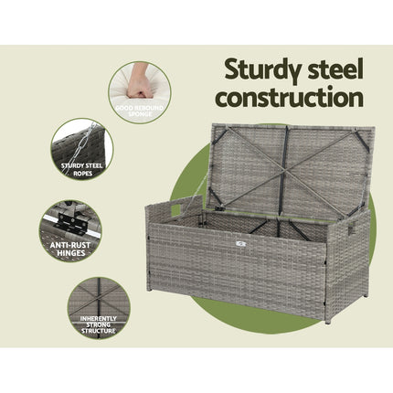 Gardeon Outdoor Storage Bench Box Wicker Garden Sheds Tools Cushion Patio Furniture Grey.