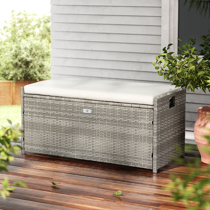 Gardeon Outdoor Storage Bench Box Wicker Garden Sheds Tools Cushion Patio Furniture Grey.