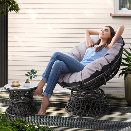 Gardeon Outdoor Lounge Setting Papasan Chair Wicker Table Garden Furniture Black.