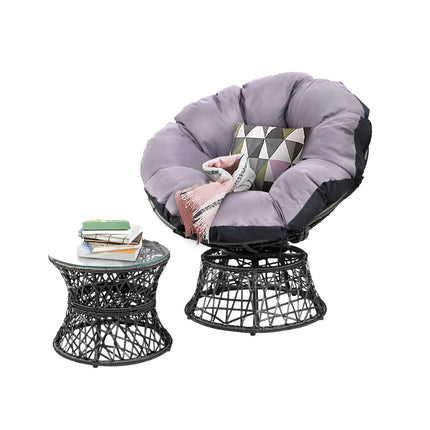 Gardeon Outdoor Lounge Setting Papasan Chair Wicker Table Garden Furniture Black.