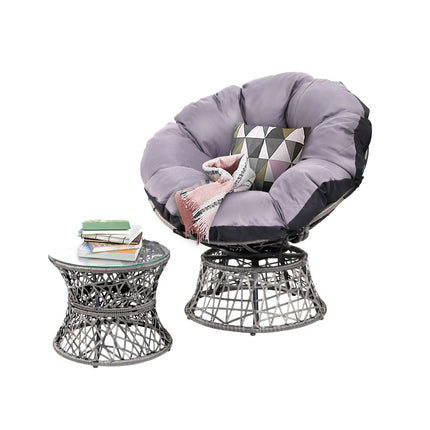 Gardeon Outdoor Lounge Setting Papasan Chair Wicker Table Garden Furniture Grey.