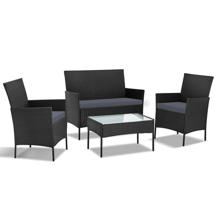 Gardeon 4 Seater Outdoor Sofa Set Wicker Setting Table Chair Furniture Black.