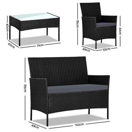 Gardeon 4 Seater Outdoor Sofa Set Wicker Setting Table Chair Furniture Black.