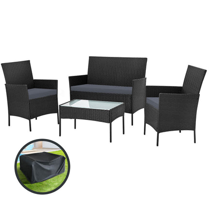 Gardeon 4 Seater Outdoor Sofa Set with Storage Cover Wicker Table Chair Black.