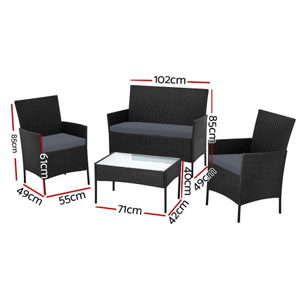 Gardeon 4 Seater Outdoor Sofa Set with Storage Cover Wicker Table Chair Black.