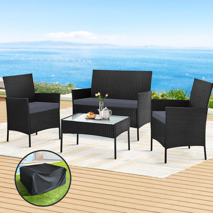 Gardeon 4 Seater Outdoor Sofa Set with Storage Cover Wicker Table Chair Black.