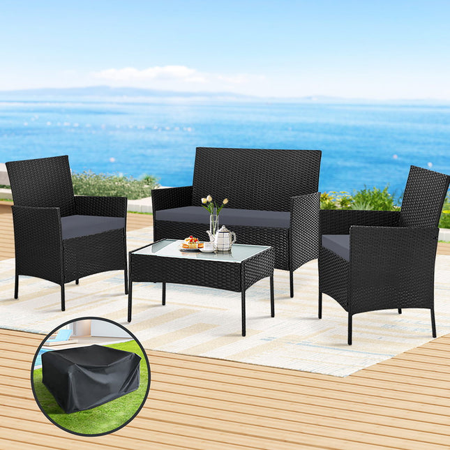 Gardeon 4 Seater Outdoor Sofa Set with Storage Cover Wicker Table Chair Black.