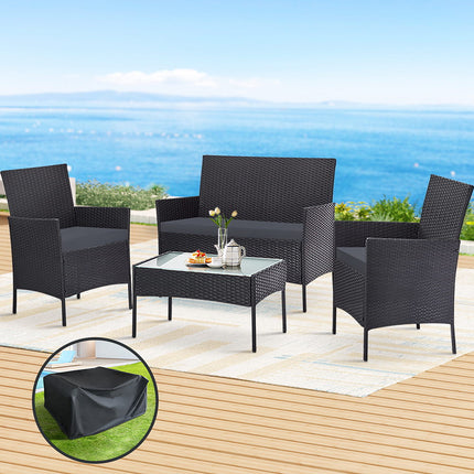 Gardeon 4 Seater Outdoor Sofa Set with Storage Cover Wicker Table Chair DarkGrey.