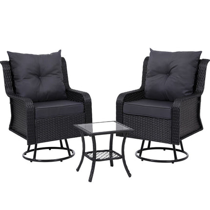 Gardeon 3PC Outdoor Furniture Bistro Set Lounge Wicker Swivel Chairs Table Cushion Black.