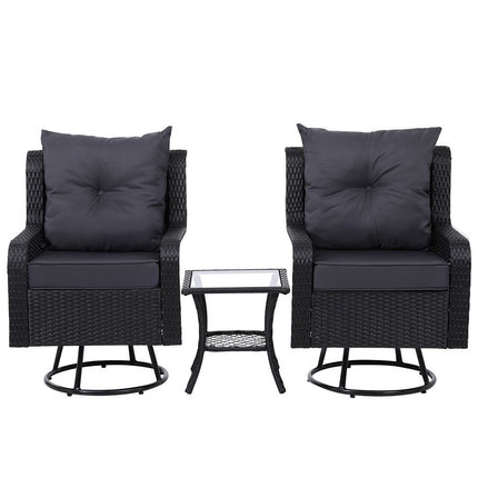 Gardeon 3PC Outdoor Furniture Bistro Set Lounge Wicker Swivel Chairs Table Cushion Black.